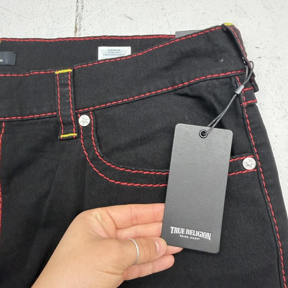 True Religion Geno Big T Flap Jeans Mens 42x32 Black Rinse Slim Denim Pants